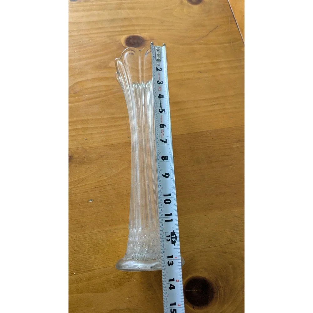 Vintage Clear Glass Fluted Bud Vase Scalloped Rim Ribbed Trumpet 12.5 Inch
